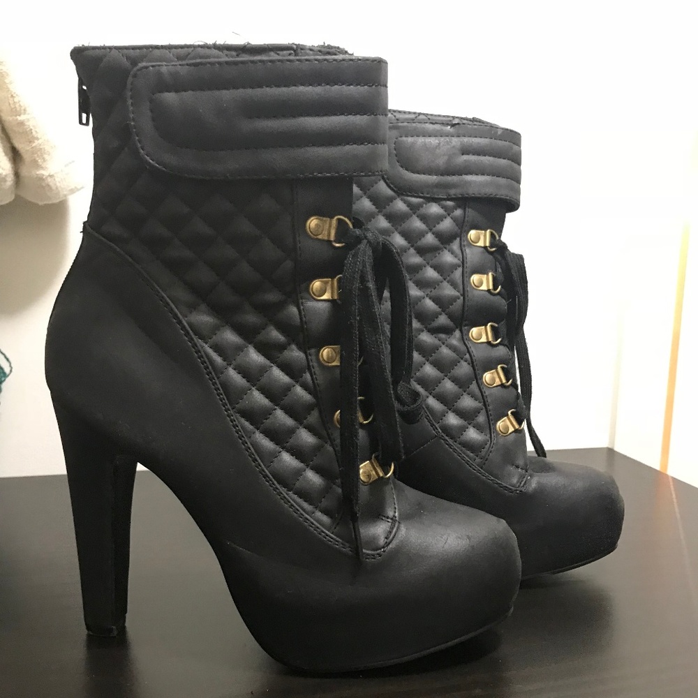 Black Quilted Platform Combat Boots Vegan Leather